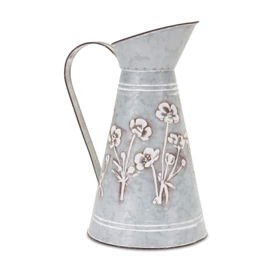 12.5&#x22; Floral Stamped Metal Pitcher Vase